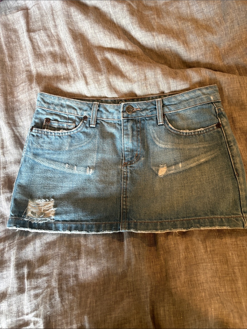 Lux Light Blue Distressed Denim Mini Skirt